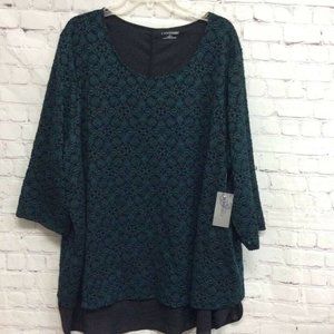 Catherines Womens Tunic Top Green Floral Embroidered Stretch Scoop Plus 3X New